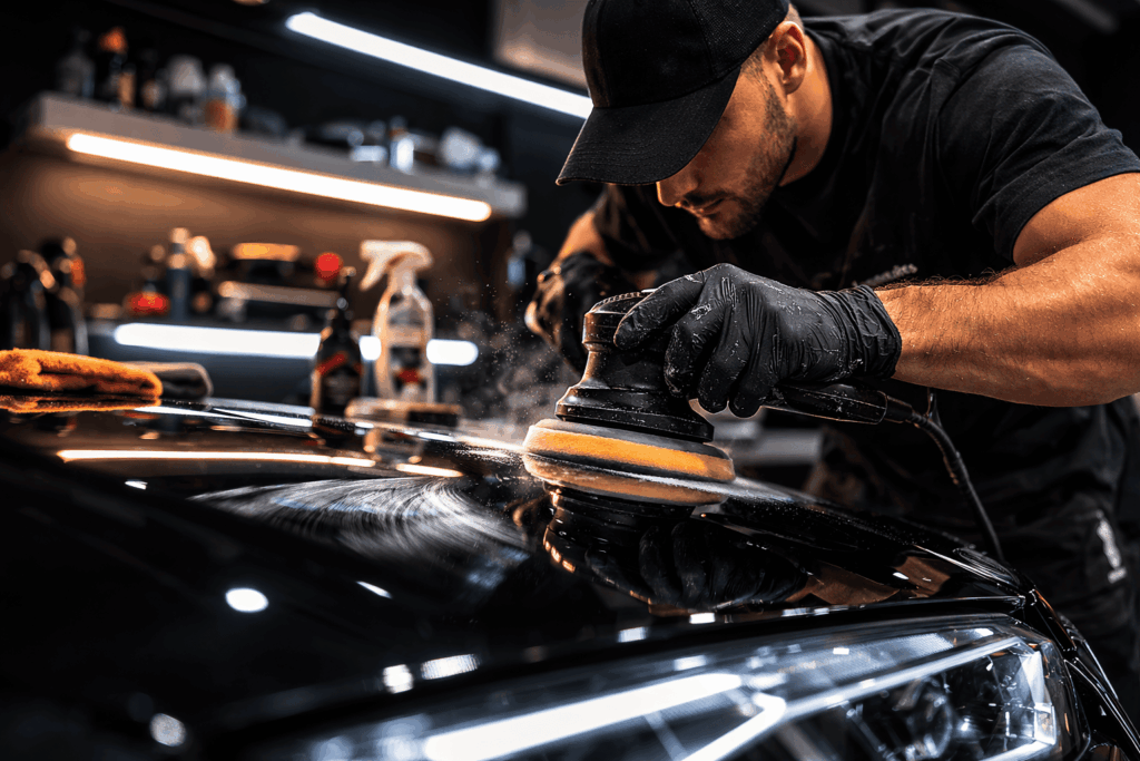 Polissage professionnel de carrosserie avec une polisseuse orbitale pour éliminer les micro-rayures et faire briller une voiture. Photo polissage voiture