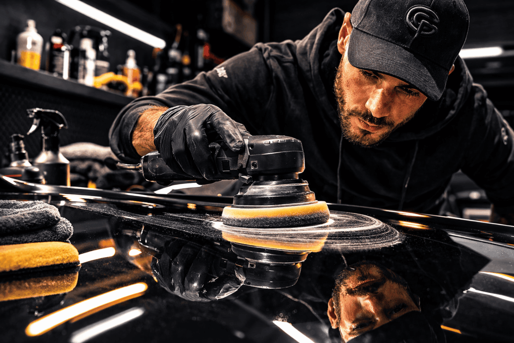 Detailer utilisant une polisseuse orbitale pour effectuer le polissage d’une carrosserie lors d’un detailing automobile.