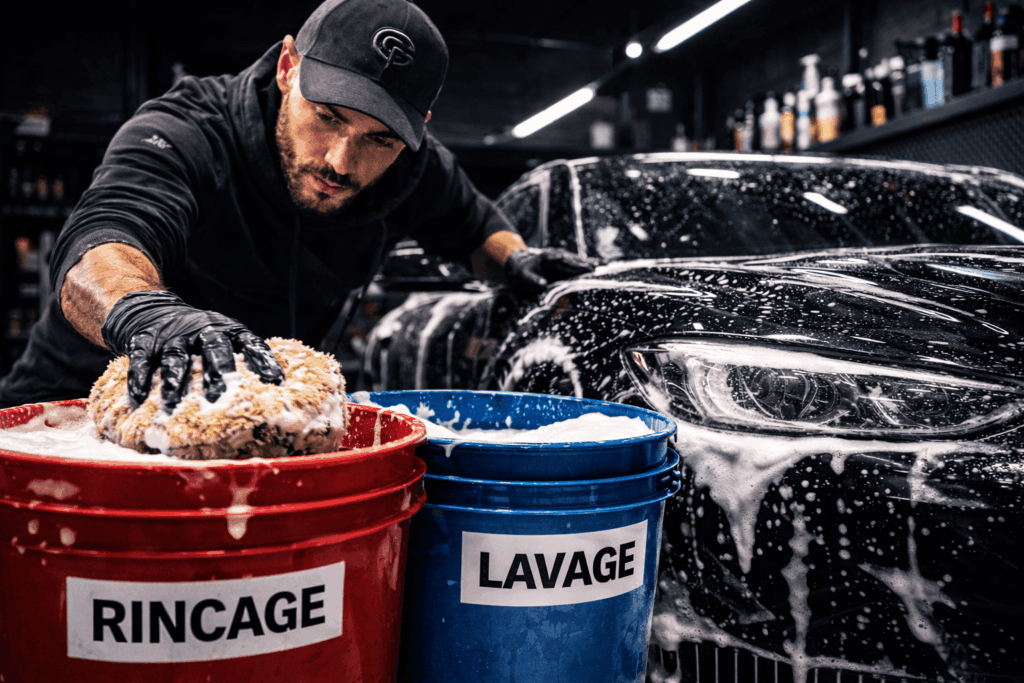 Detailer lavant une voiture noire avec la méthode des deux seaux pour un lavage auto sans micro-rayures. Detailing cars