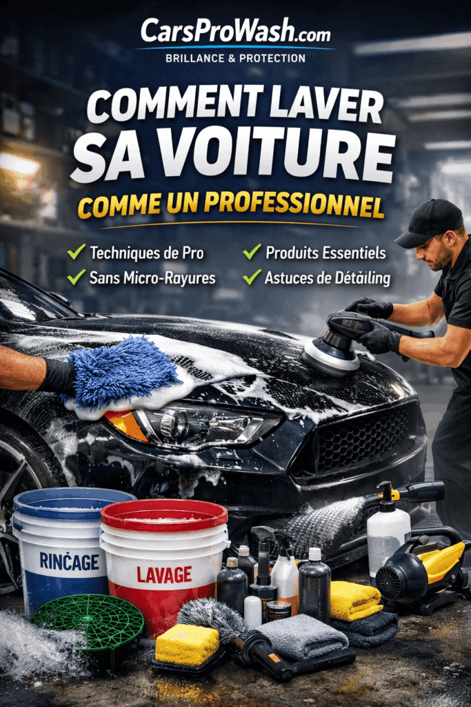 Comment laver sa voiture comme un professionnel : le guide complet pour un résultat parfait. Lavage professionnel d’une voiture noire avec gant microfibre, seaux de lavage et produits de detailing pour nettoyer une voiture sans micro-rayures.