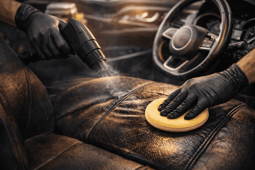 nettoyage et rénovation d’un siège en cuir de voiture avec éponge et produits d’entretien du cuir automobile