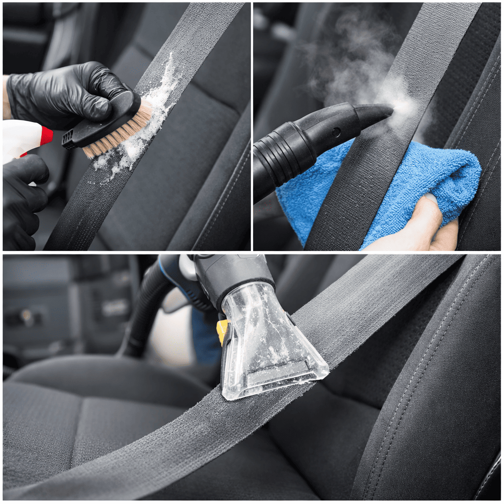 comment nettoyer ceinture voiture, Nettoyage d’une ceinture de sécurité avec un spray nettoyant textile dans l’intérieur d’une voiture