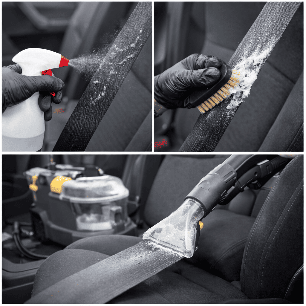 Photo nettoyage ceinture de sécurité, lavage ceinture voiture. Brossage d’une ceinture de sécurité avec une brosse et de la mousse pour enlever la saleté