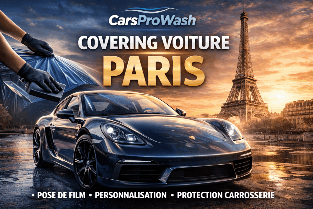 Covering voiture Paris avec pose de film adhésif automobile par CarsProWash devant la Tour Eiffel, personnalisation et protection carrosserie