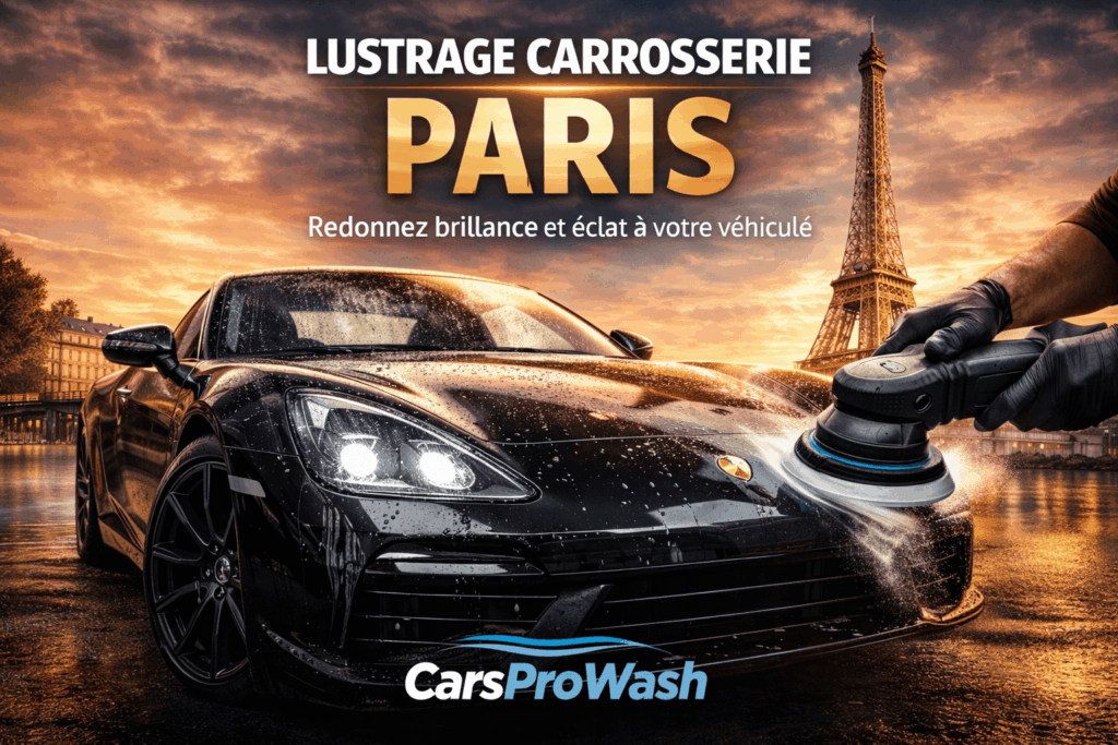 Lustrage carrosserie Paris avec polissage automobile professionnel CarsProWash devant la Tour Eiffel pour redonner brillance à la voiture
