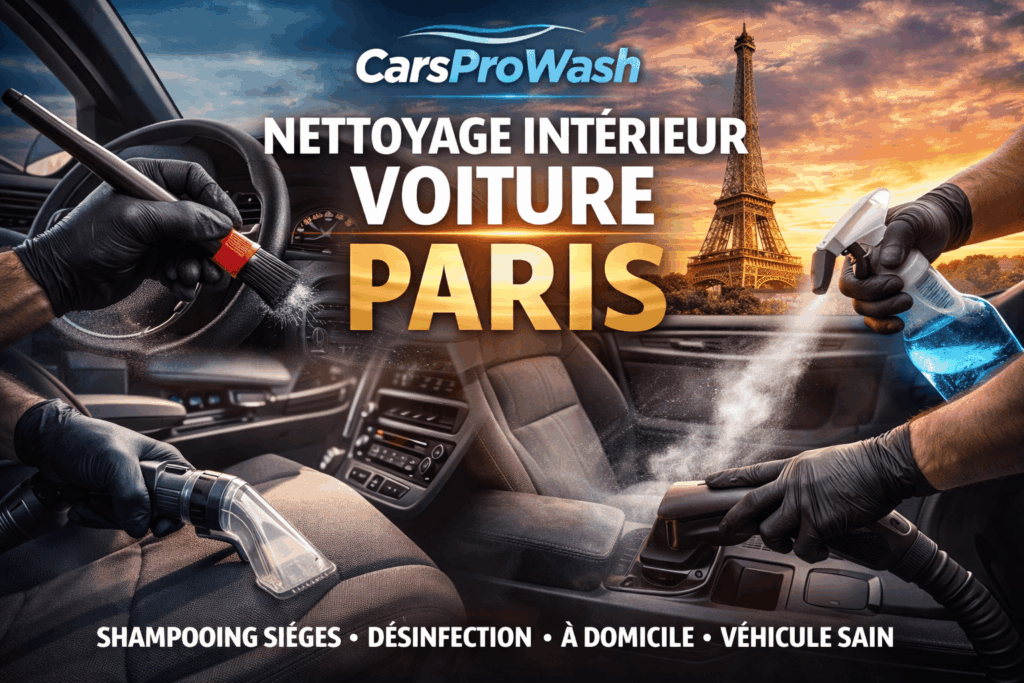 Nettoyage intérieur voiture Paris à domicile avec shampoing sièges, aspiration et désinfection habitacle par CarsProWash